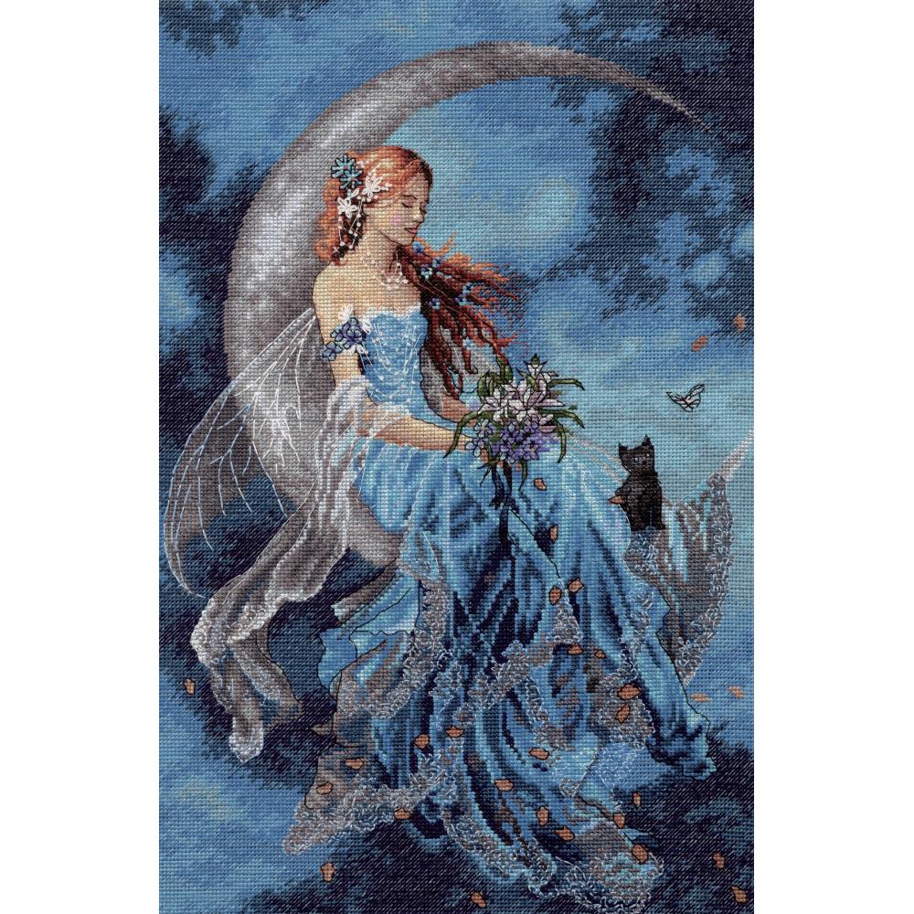 Wind Moon fairy, in blue dress on crescent moon with balck kitten and flowers