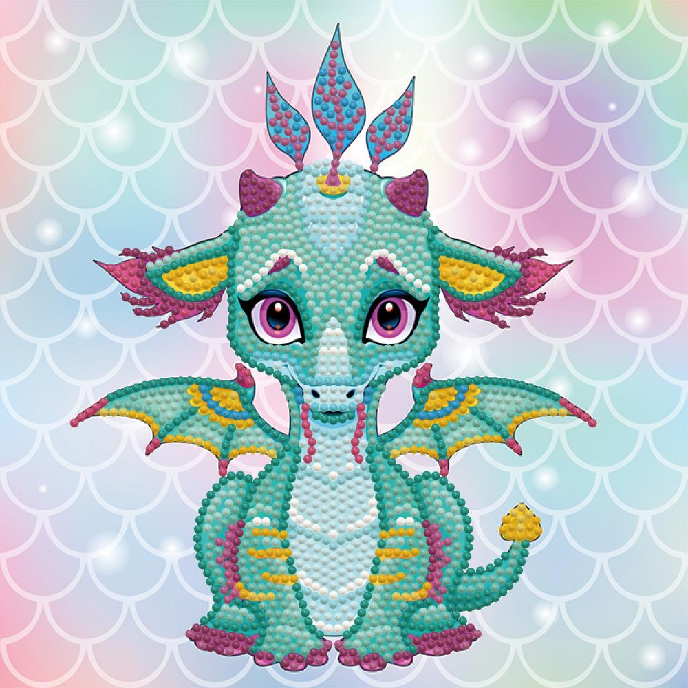 Diamond art design of aqua green baby dragon with purple, blue and yellow accents made of jewels