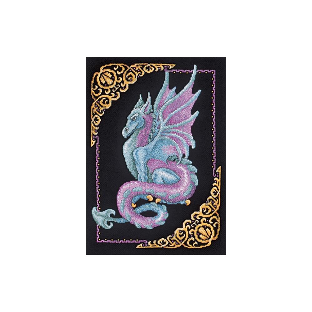 Blue and purple dragon design for cross stitch with black background and gold border