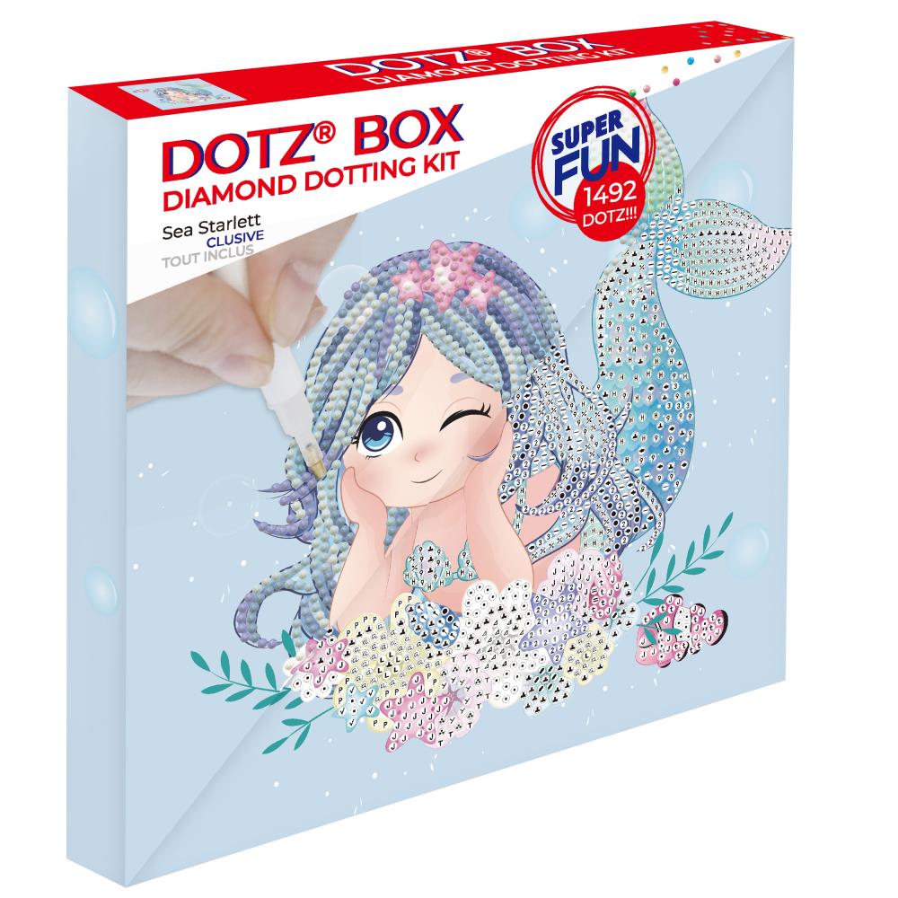 Front of Diamond art Dotz Box: DIamond Dotting Kit, Sea Starlett with 1492 Dotz. Mermaid with coral and starfish design
