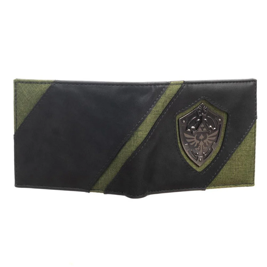 Black and green wallet with a Legend of Zelda Triforce Shield emblem