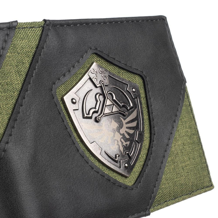 Black and green wallet with a Legend of Zelda Triforce Shield emblem