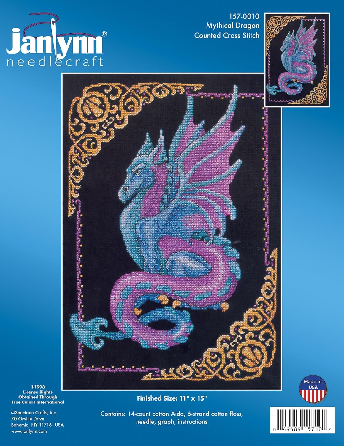 Janlynn Counted Cross Stitch Mythical Dragon kit with floss, cotton, needle, instructions