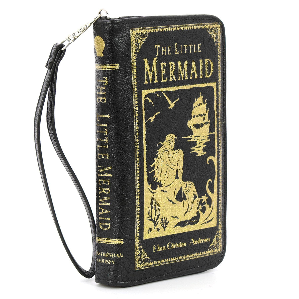Black book-shaped wallet with 'The Little Mermaid' design in gold