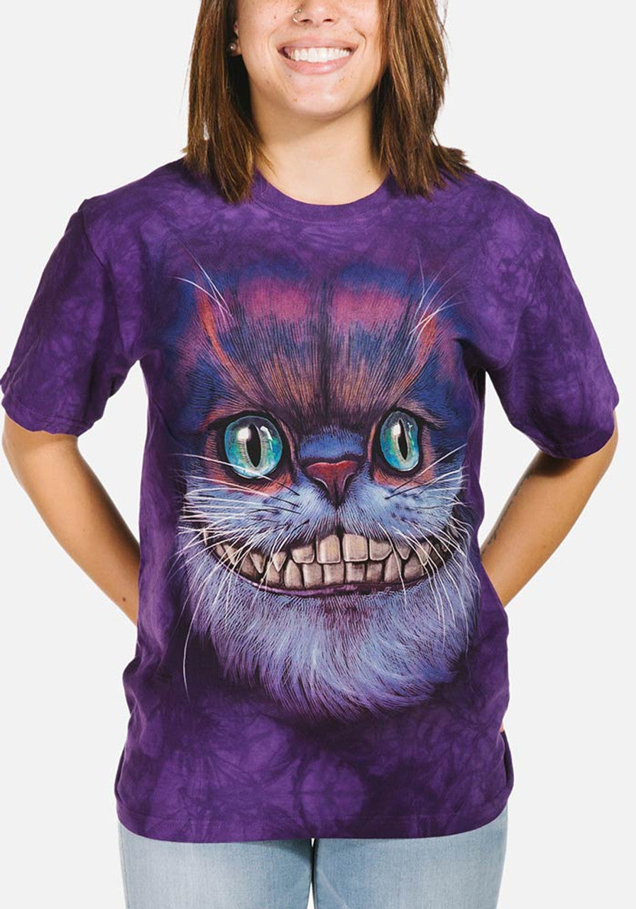 Woman wearing Cheshire cat purple t-shirt