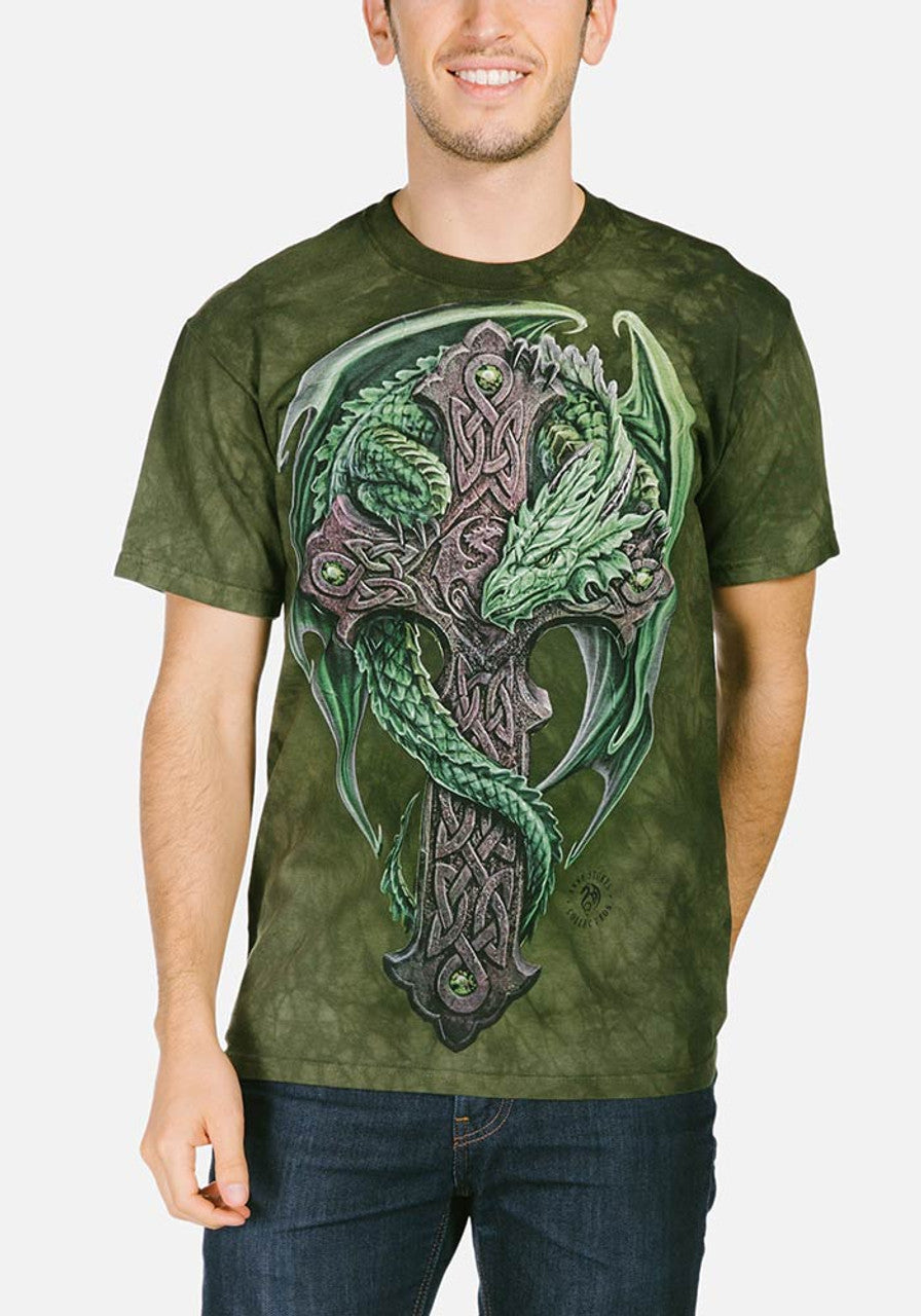 Green dragon around Celtic cross shirt, shown worn
