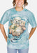 Aqua mottled t-shirt with two otters floating and holding hands, art by Jody Bergsma, shown on an adult