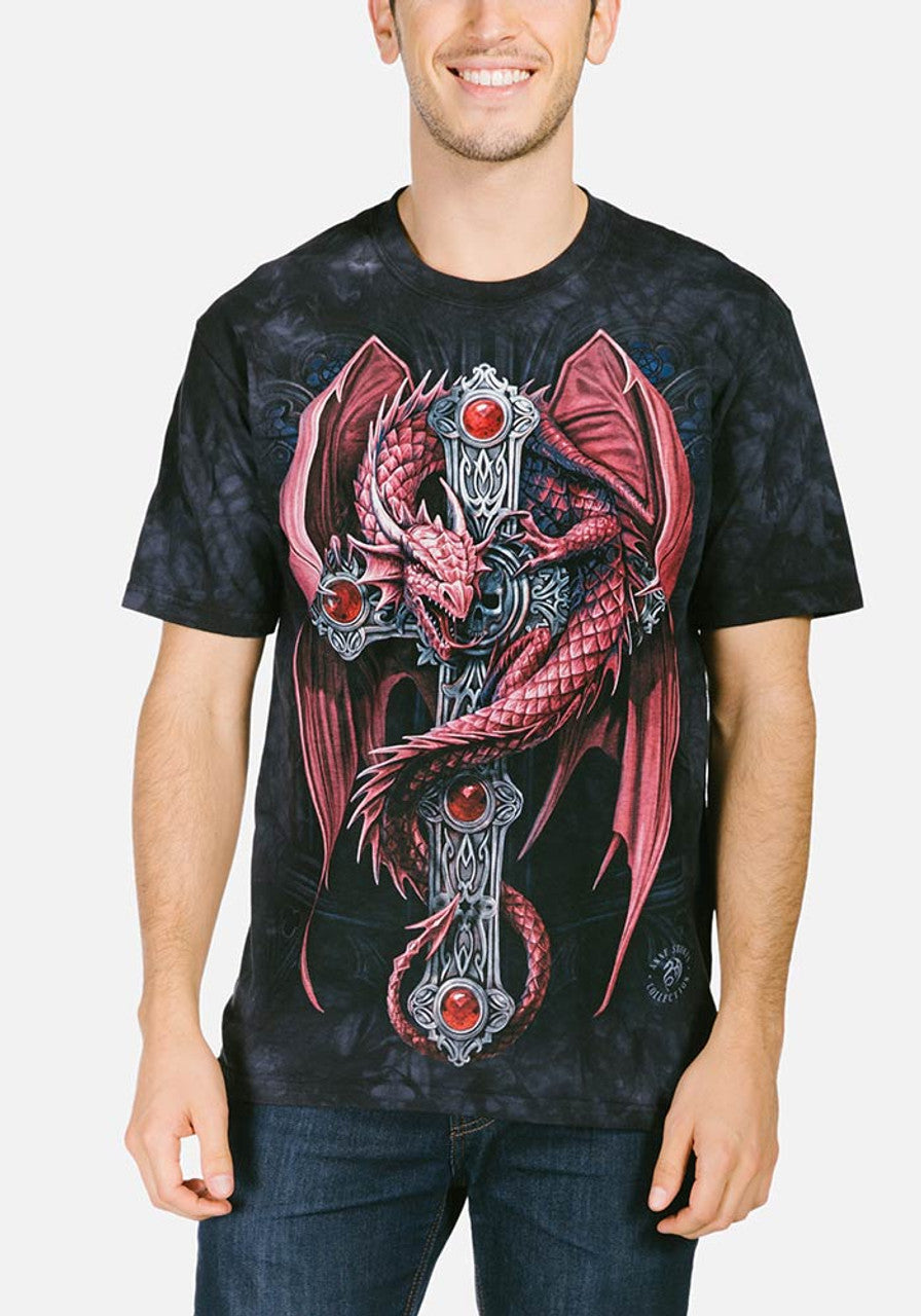 Man wearing red dragon on Gothic Cross tee shirt