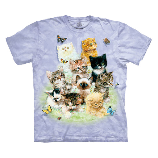 Mottled pale purple tee shirt with 10 kittens in different colors and breeds, with butterflies