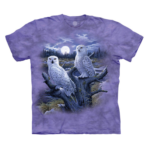 Purple mottled t-shirt with pair of snowy owls perched on logs, full moon in background