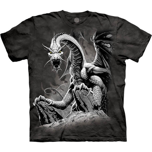 Black mottled t-shirt with grey dragon, snarling, yellow eyes, on rocks