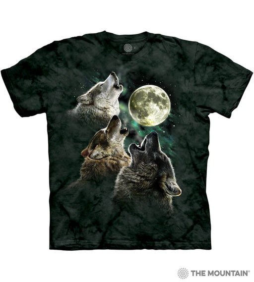 Black mottled t-shirt with three wolves howling at the full bright moon