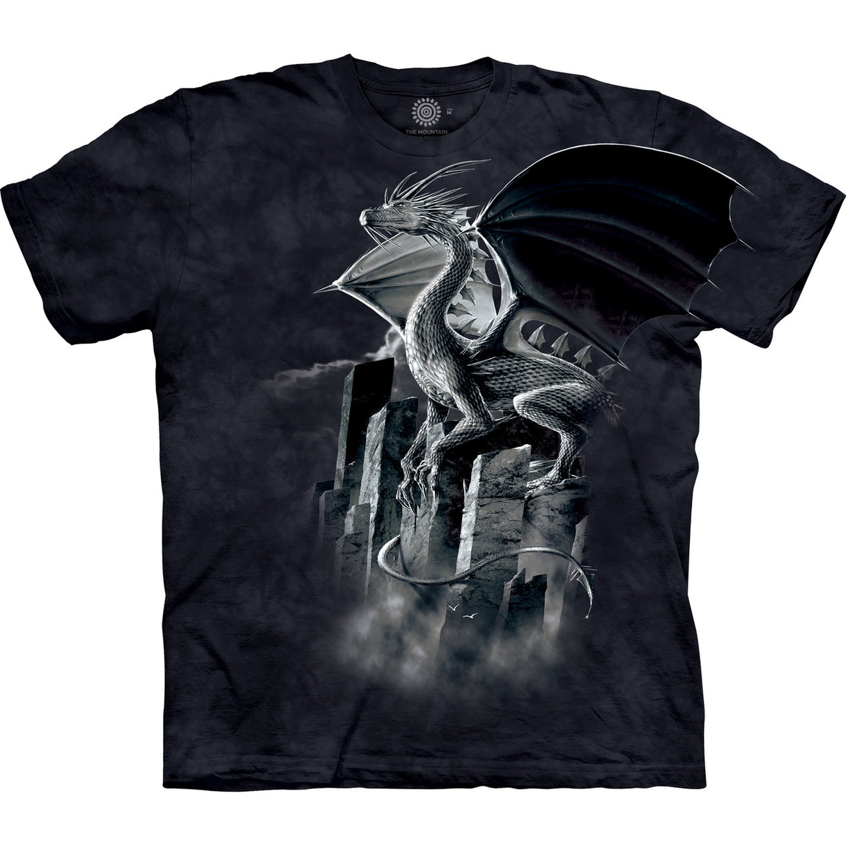 Black mottled t-shirt with silver dragon perched on rocky cliffs, staring into the distance