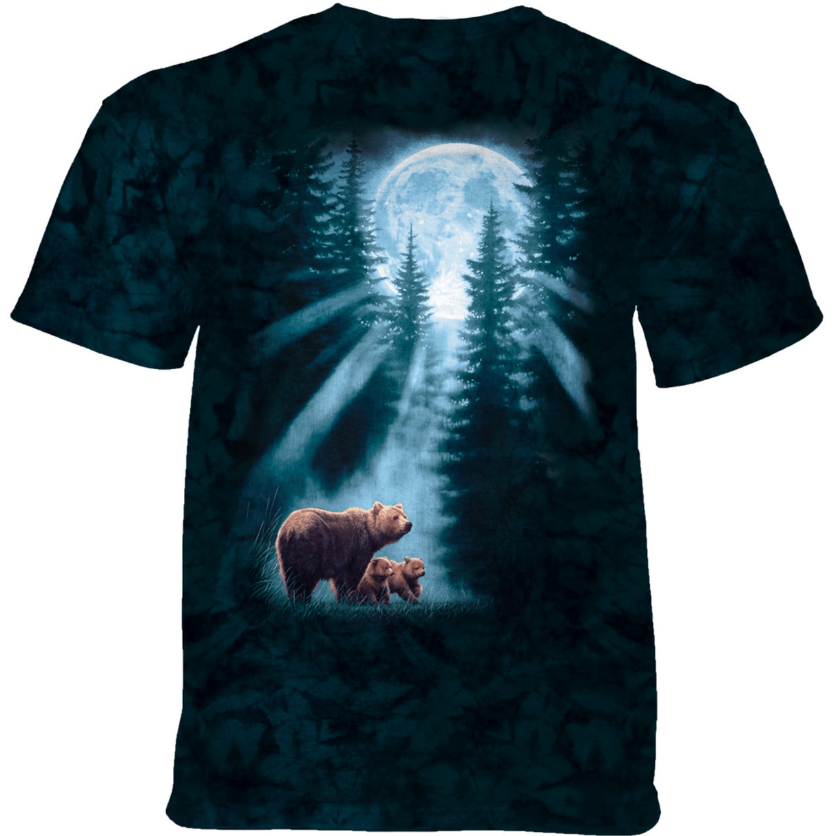 Blue mottled tee with bear and cubs in full moonlight, pine trees