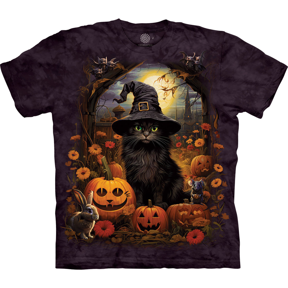 Mottled tie dye t-shirt with black cat in witch hat with rabbit and mouse, surrounded by carved pumpkins, gargoyle bats at the top