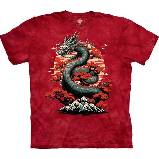 T-shirt, mottled red background, Asian dragon with cherry trees, mountain base, sun in background