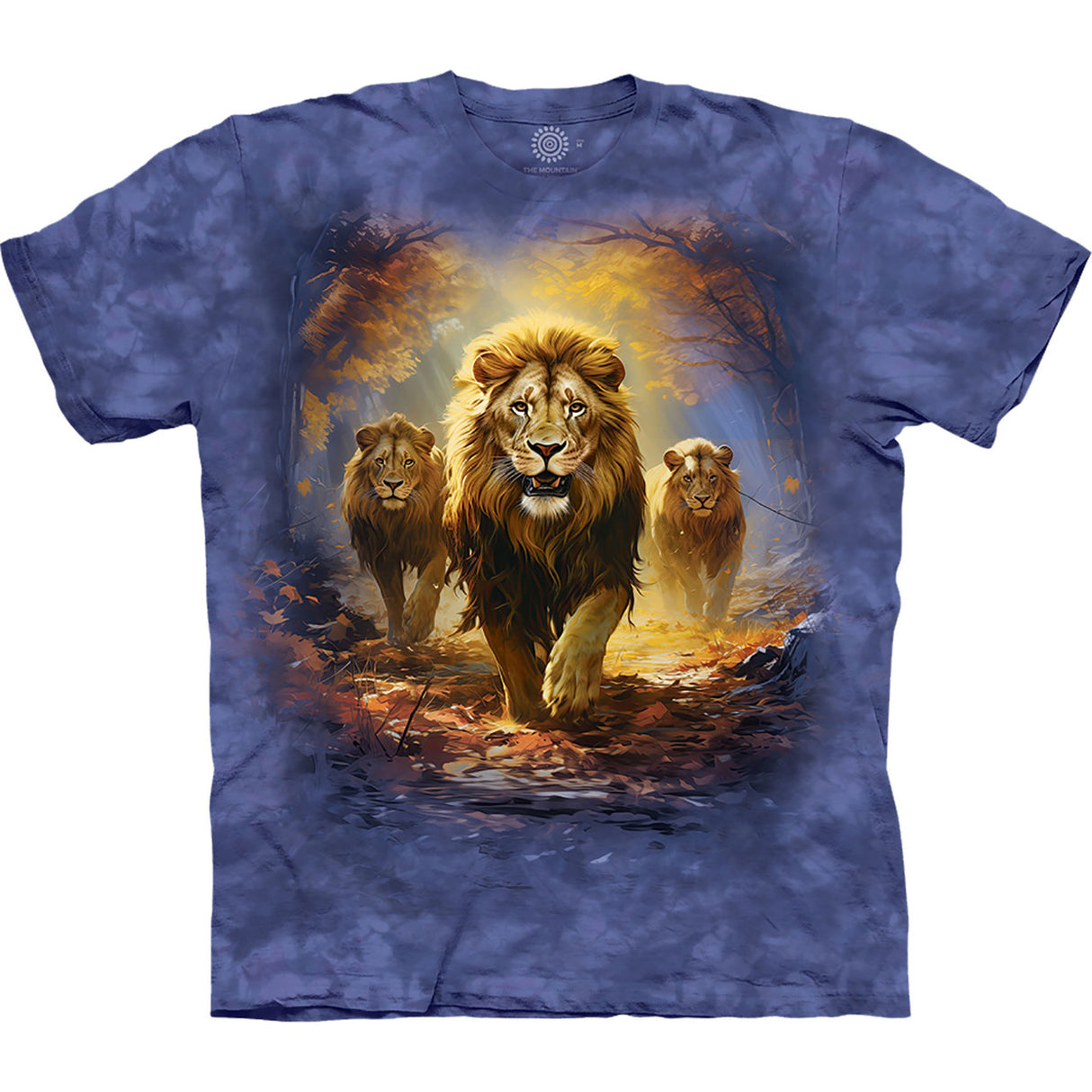 T-shirt, mottled indigo background, center images of sunlit trio of lions walking forward