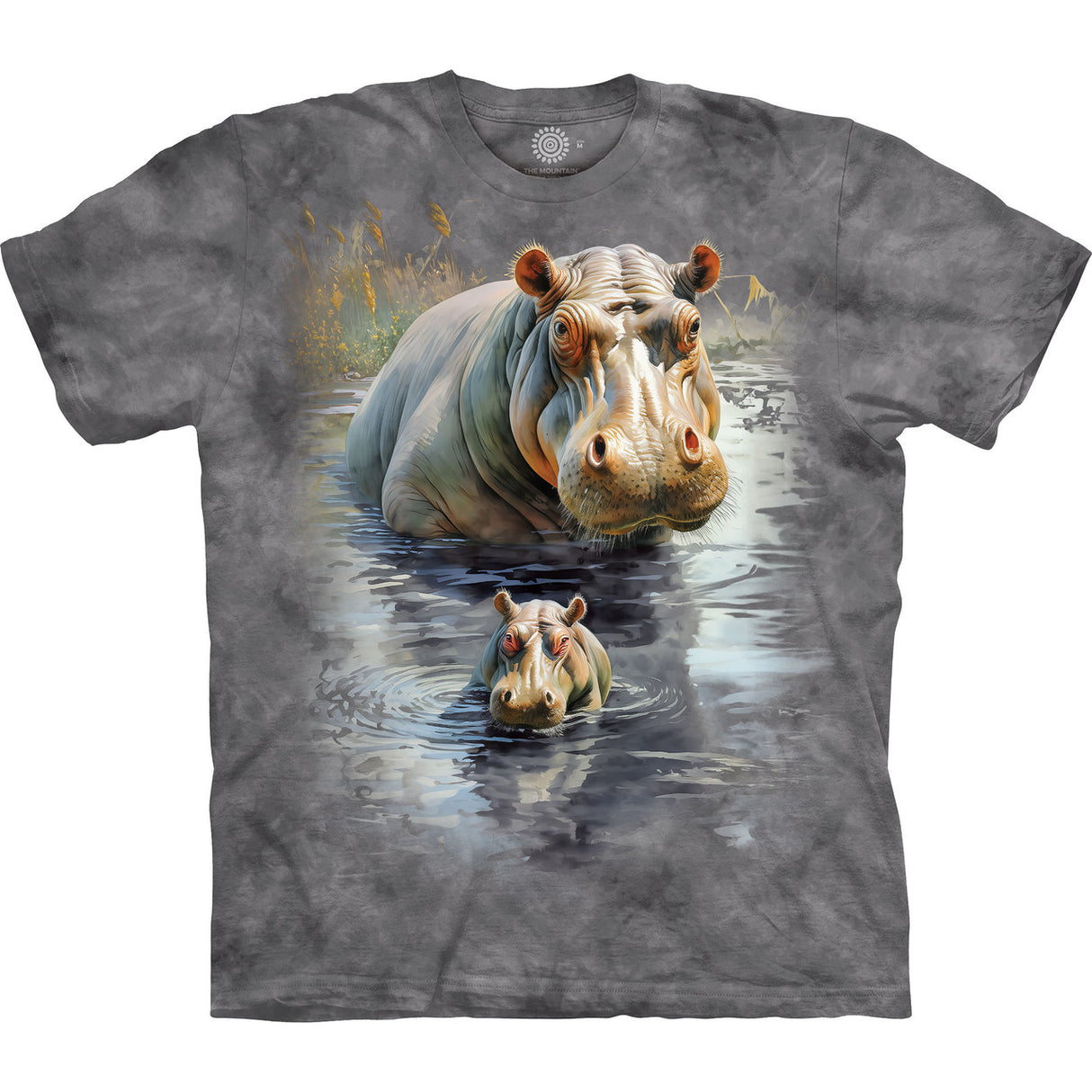 Grey t-shirt with mother and baby hippo in water on it