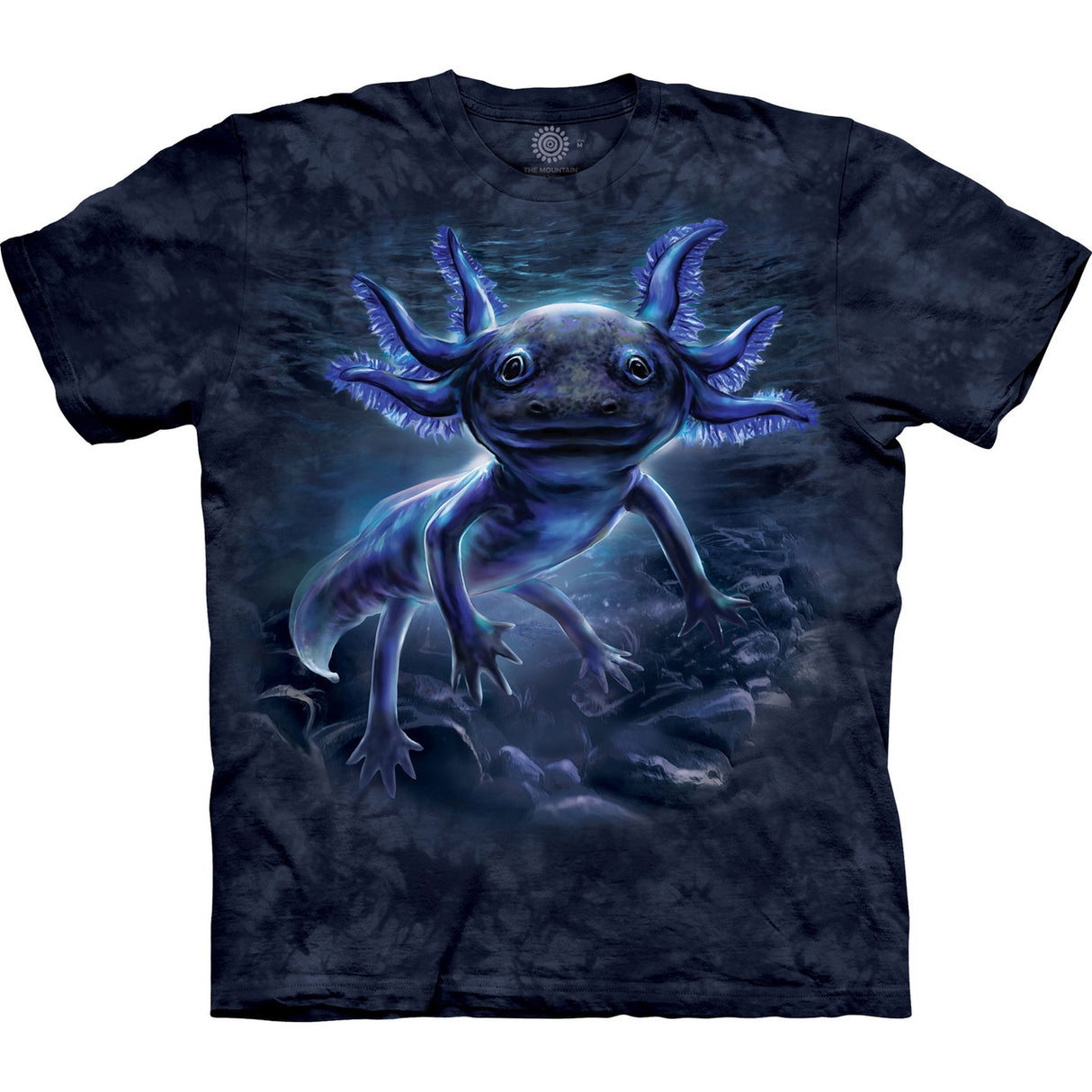 dark navy mottled t-shirt with blue axolotl
