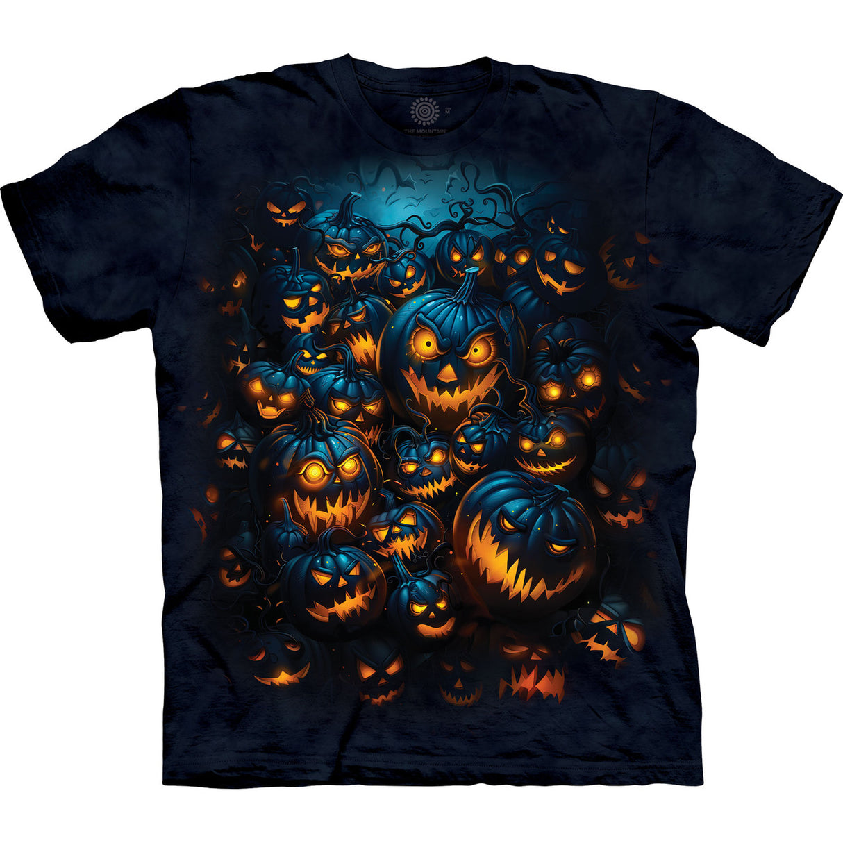 Dark t-shirt with pile of glowing faced jack-o-lantern pumpkins