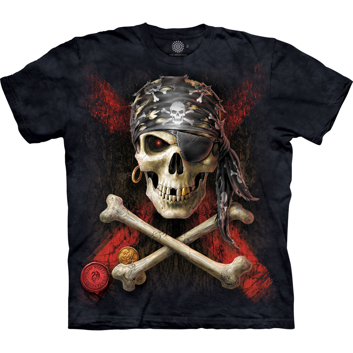 T-shirt with skull and crossbones, gold tooth and bandana with eyepatch, doubloon, and Anne Stokes logo
