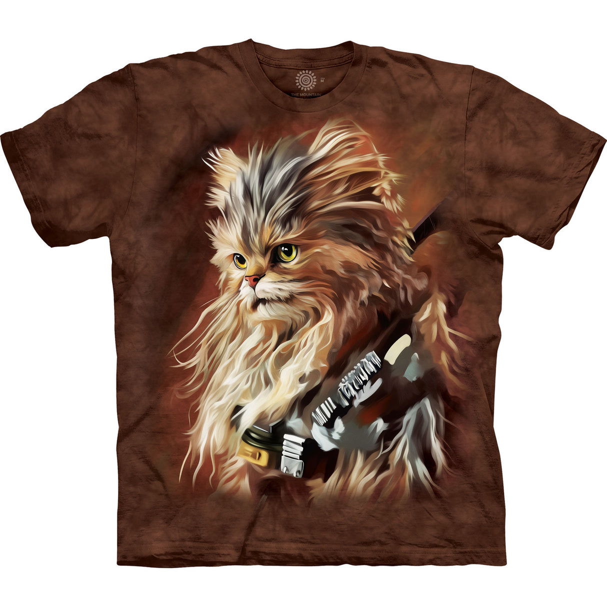 Brown mottled t-shirt with Chewbacca-cat hybrid creature