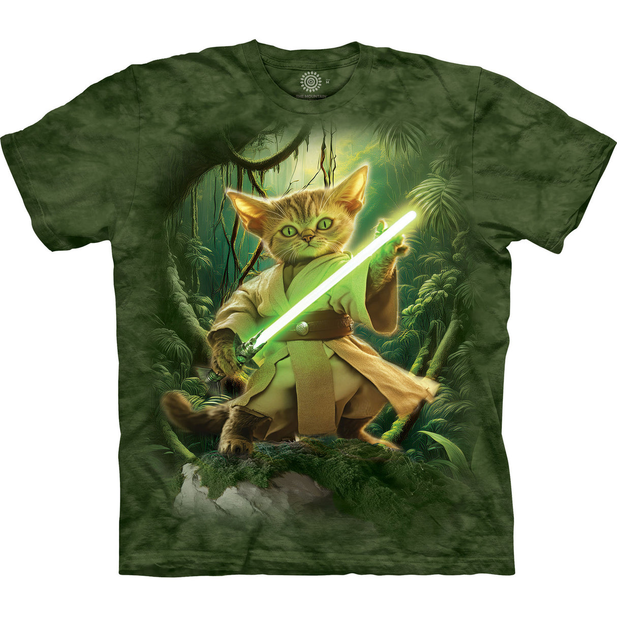 Mottled green t-shirt with a Yoda cat with green lightsaber, standing in a jungle