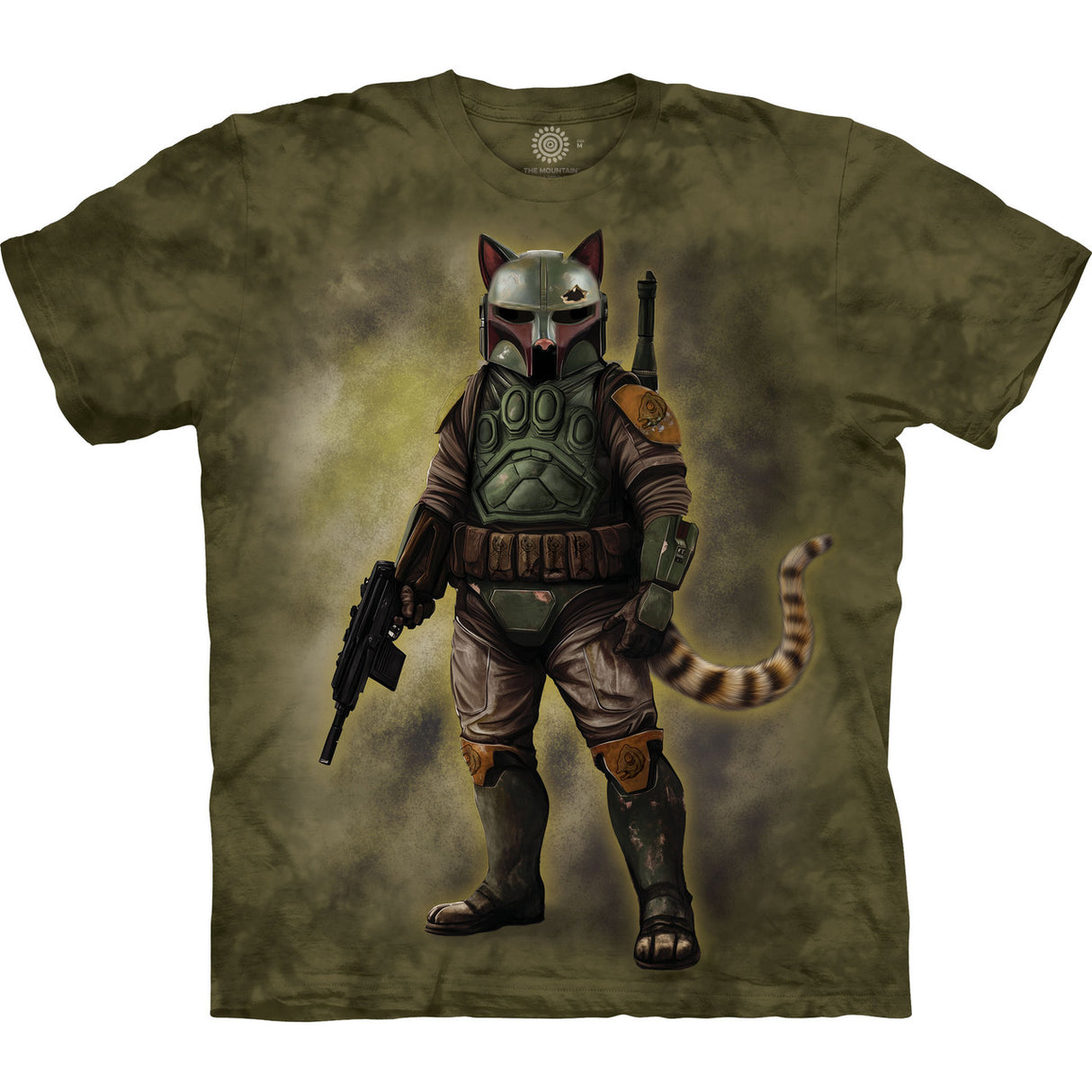 Mottled olive green t-shirt with Bounty Hunter cat, Star Wars meets feline! Tabby striped tail.