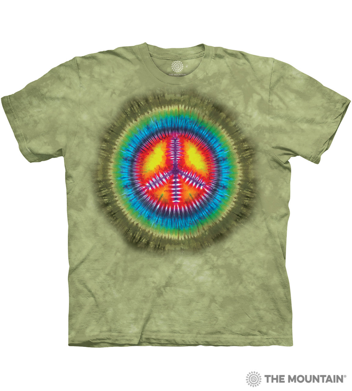 Mottled green t-shirt with tie dye rainbow peace sign