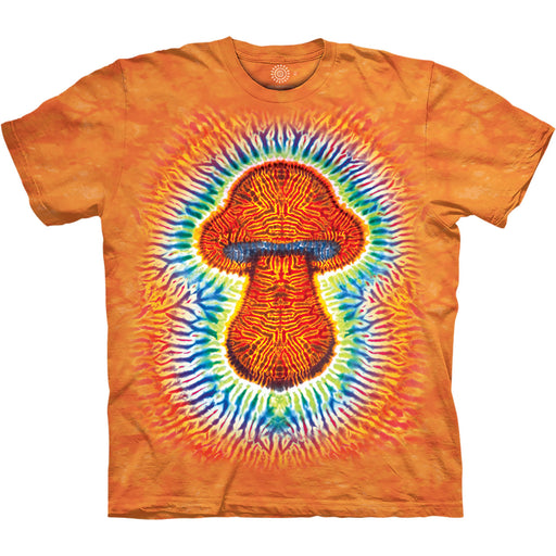 Orange mottled t-shirt with tie dye mushroom design