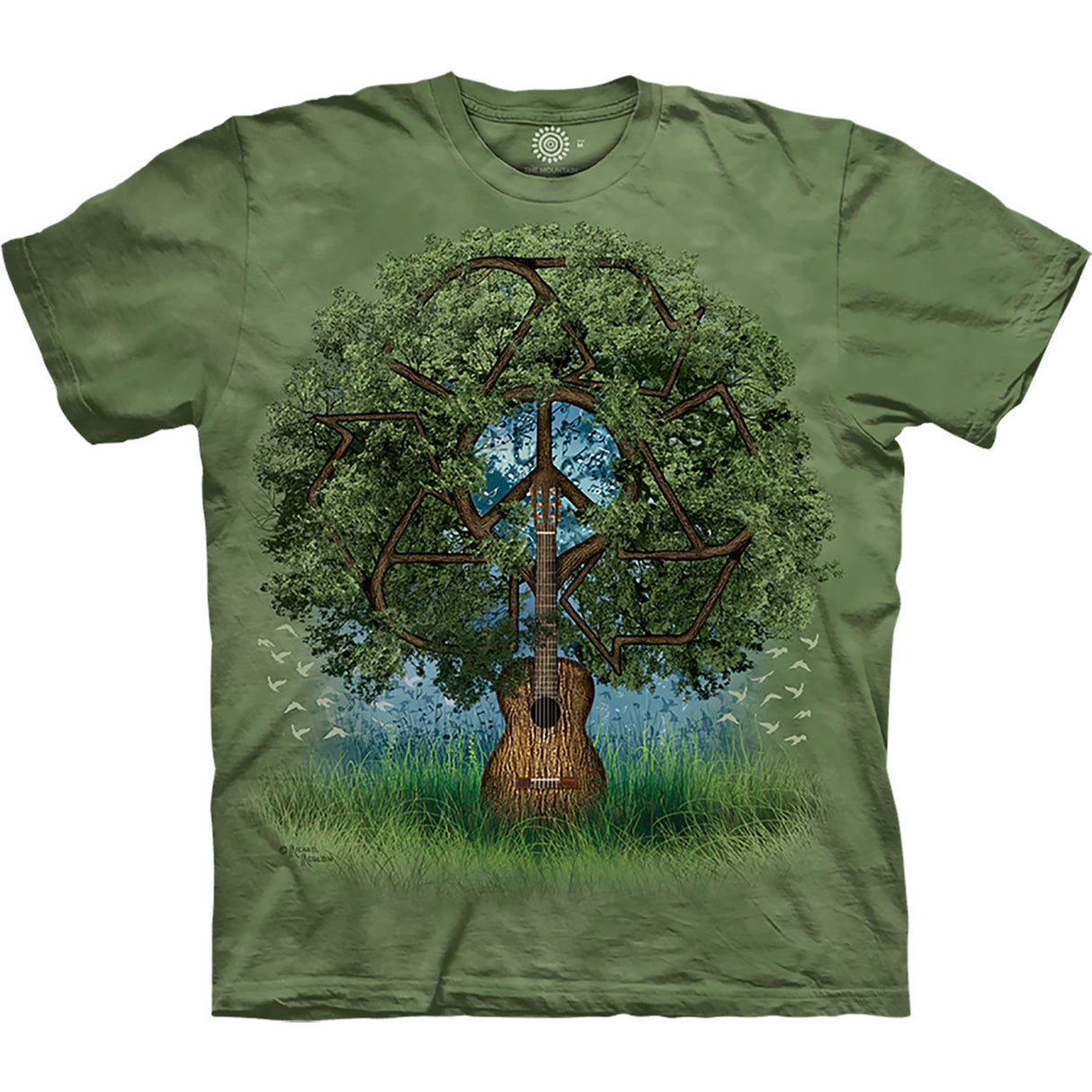 Green t-shirt with tree at the center. A peace sign is worked into the branches and the trunk is an acoustic guitar.