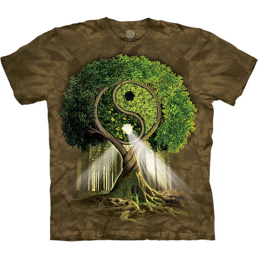 Brown mottled t-shirt with Tree, yin yang branches, sunlight