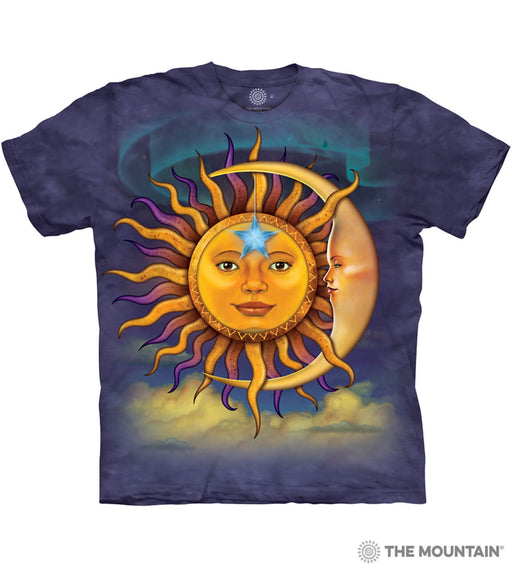 Mottled purple t-shirt with smiling sun and moon with star, clouds, northern lights above