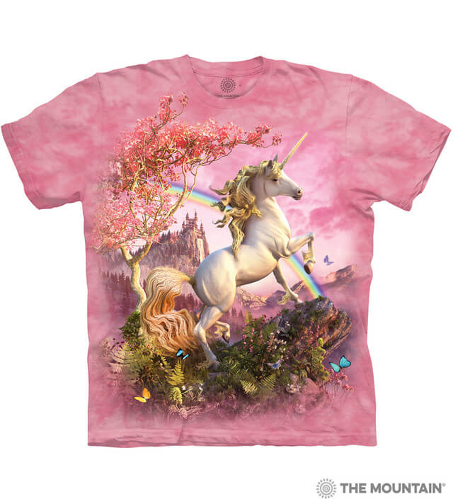 Mottled pink t-shirt with a prancing white unicorn in front of a rainbow, with butterflies