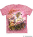 Mottled pink t-shirt with a prancing white unicorn in front of a rainbow, with butterflies
