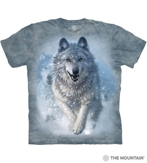 Mottled blue-gray shirt with arctic wolves running through the snow