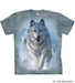 Mottled blue-gray shirt with arctic wolves running through the snow