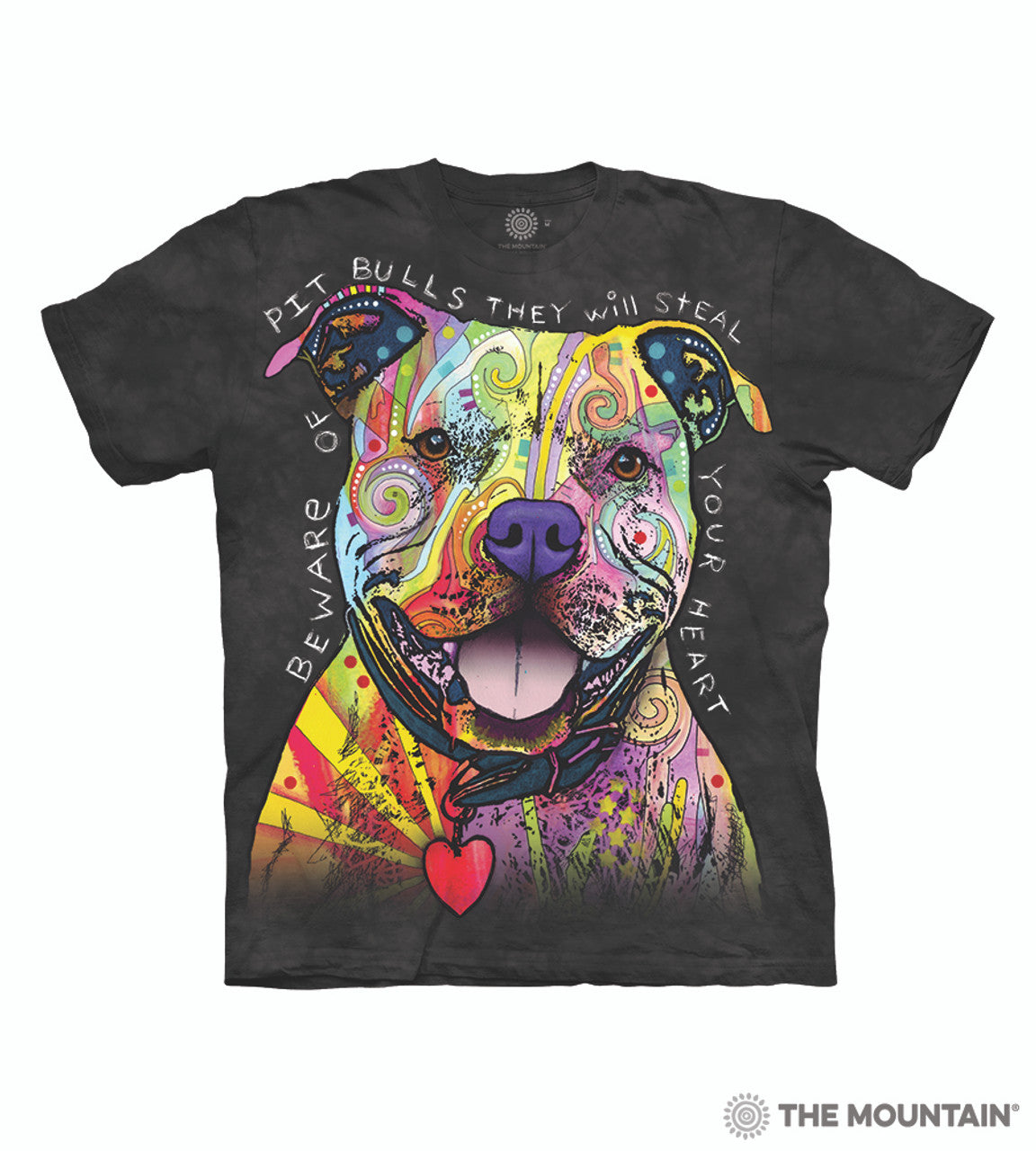 Black mottled -t-shirt with rainbow pitbull and the text "Beware of pit bulls they will steal your heart"