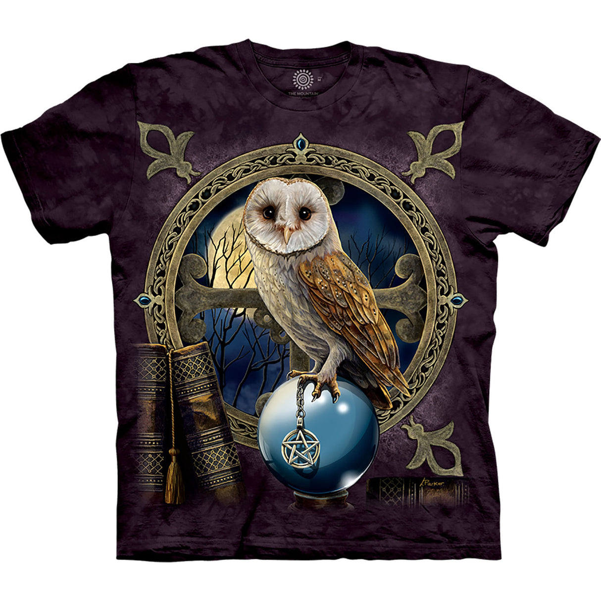 Purple mottled shirt with owl on crystal ball with books design by Lisa Parker