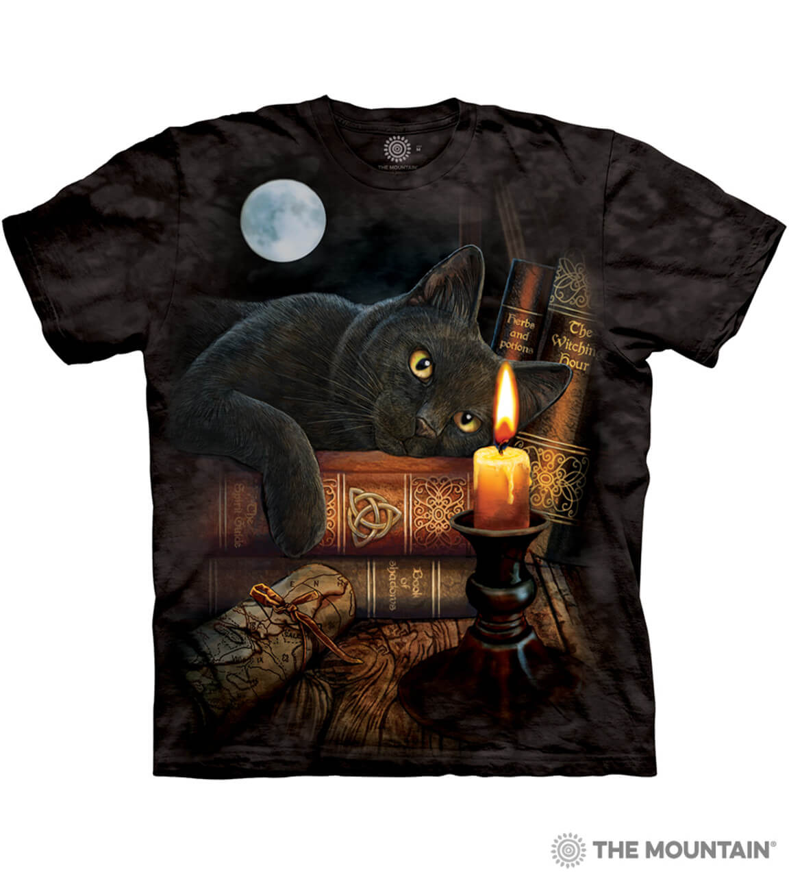 Black mottled tee shirt with black cat on bookstack, next to candle, full moon beyond