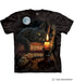 Black mottled tee shirt with black cat on bookstack, next to candle, full moon beyond