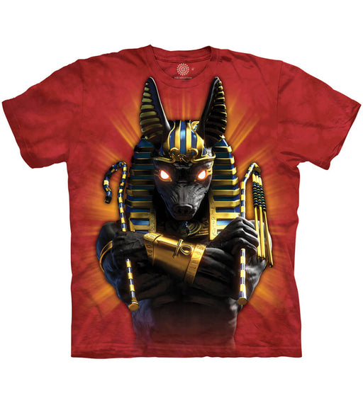 Red tee with Anubis the Egyptian jackal god upon it
