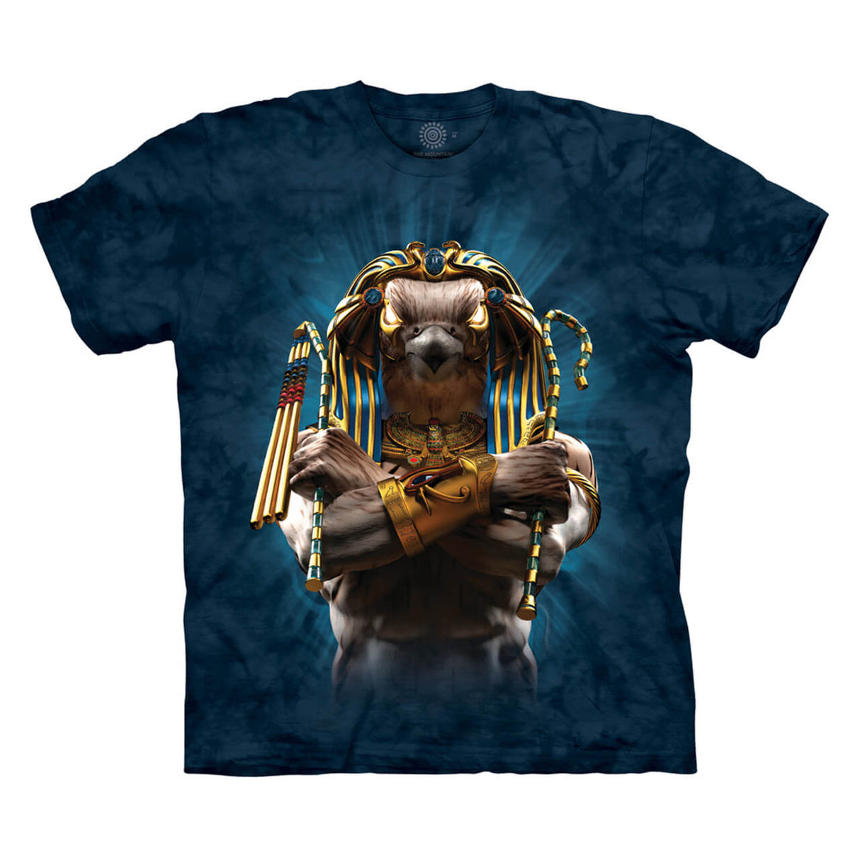 Blue mottled t-shirt with Horus the Egyptian falcon god