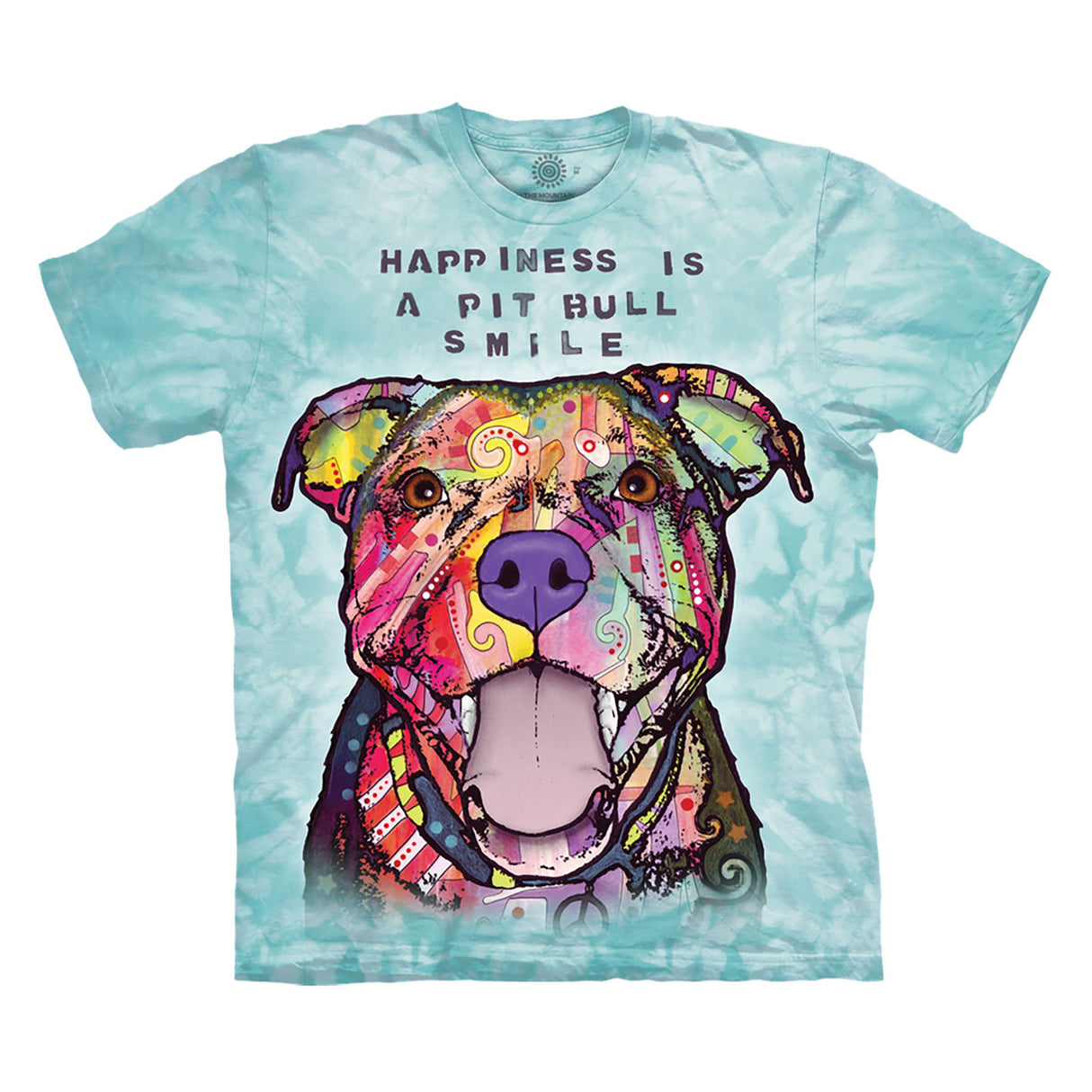 T-shirt with a colorful pit bull design and text on a light blue tie-dye background. Text reads "Happiness is a pit bull smile" and design is by Dean Russo