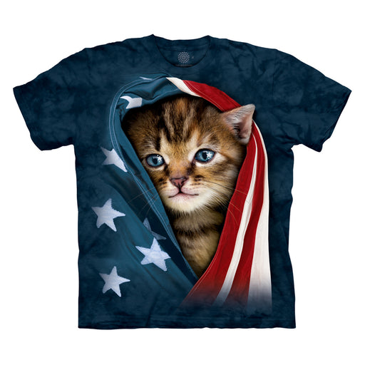 Mottled blue shirt with tabby kitten wrapped in American flag