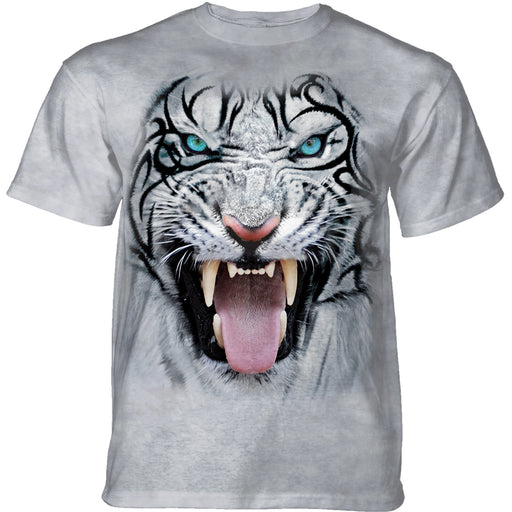 White mottled t-shirt with tribal striped white tiger roaring, blue eyes
