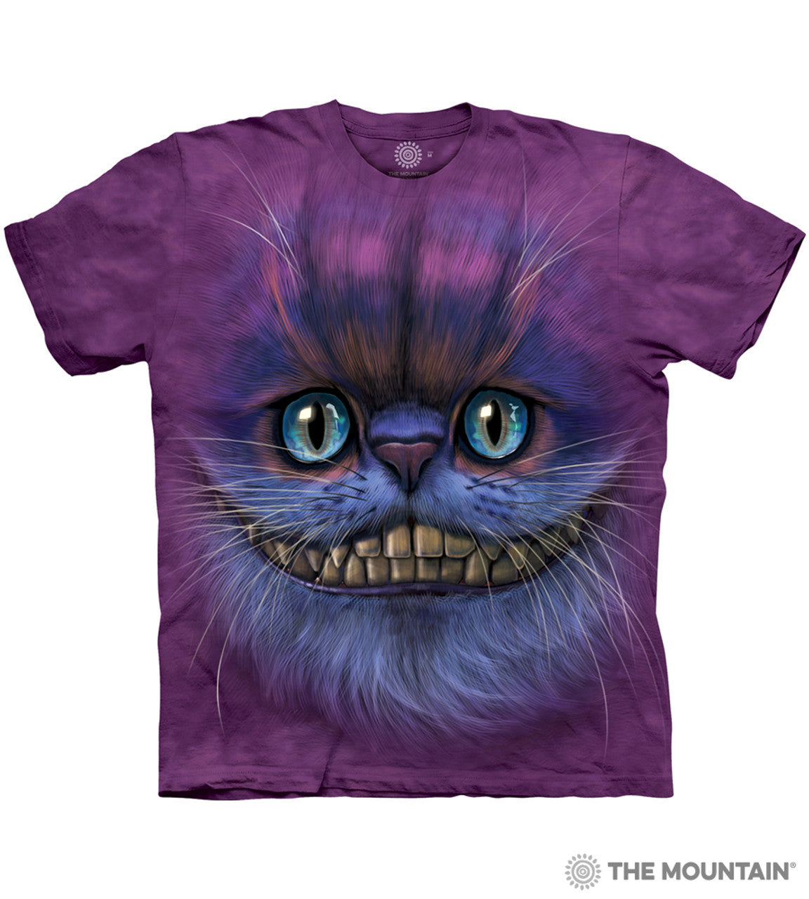 Purple mottled t-shirt with Cheshire Cat face smiling, blue eyes