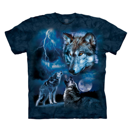 Mottled blue t-shirt with three wolves and a lightning bolt and moon