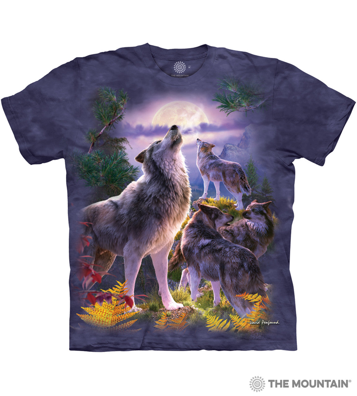 Purple t-shirt with four wolves howling at the full moon in a forest