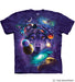 Purple mottled t-shirt with wolf face in the cosmos surrounded by stars and planets